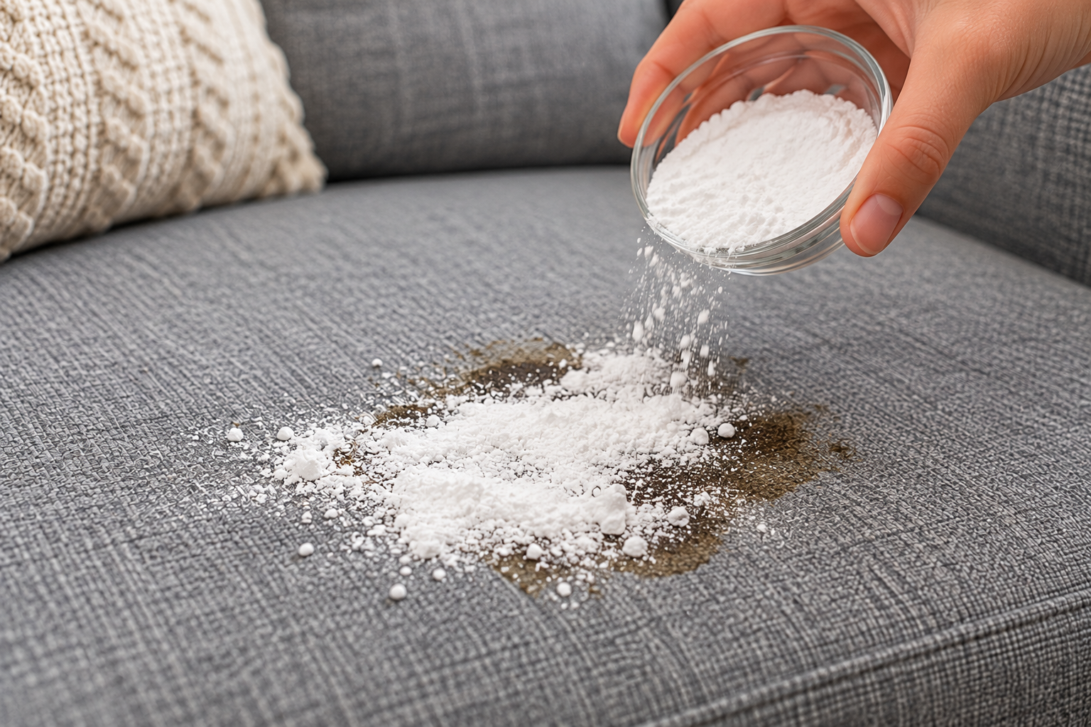 Bicarbonate soda absorbing a grease stain on upholstery