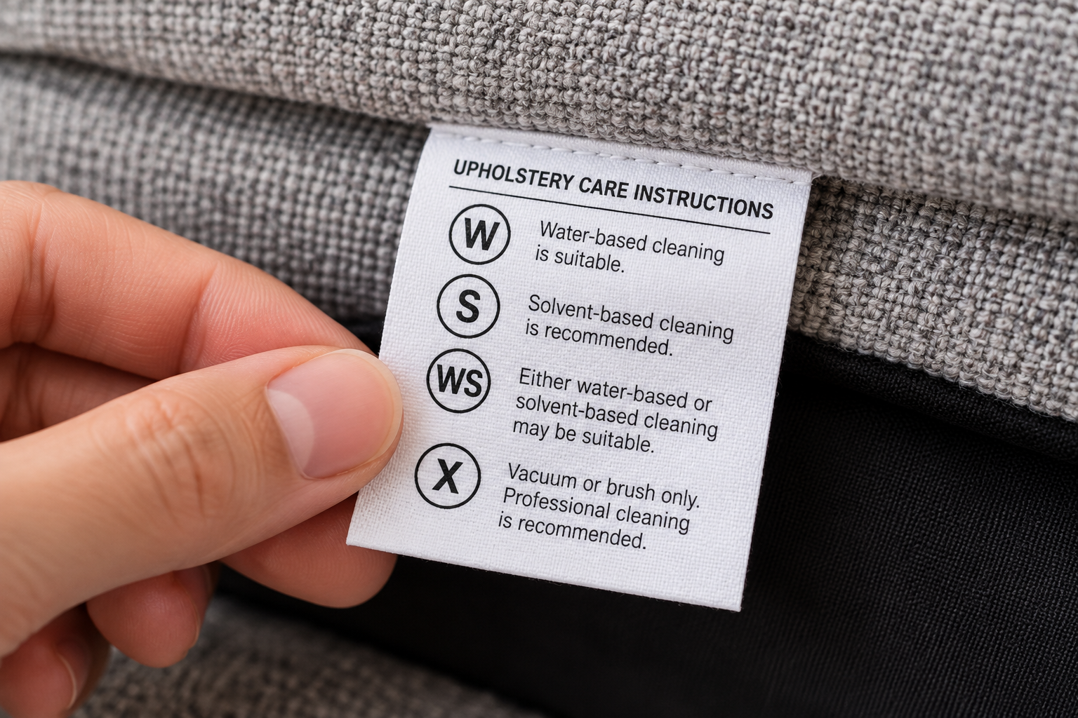Upholstery care label showing cleaning codes